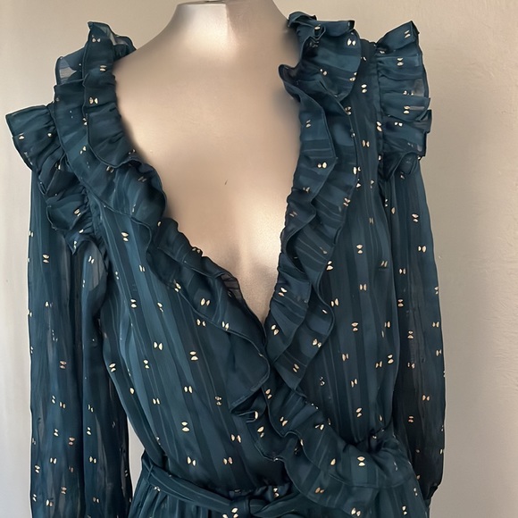 Misa Los Angeles Gabriella Asymmetric Striped Wrap Midi-Dress sheer long sleeve - Picture 4 of 14